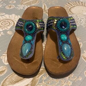 Rialto Womens Beaded Wedge Thong Sandals Blue Turquoise Boho Gemstone Size 8M